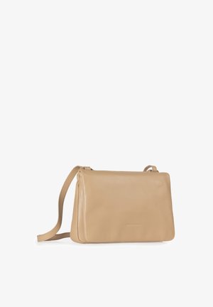 Beige leather crossbody bag with a smooth texture, zip closure, and adjustable strap. Features a minimalistic design and rectangular shape.