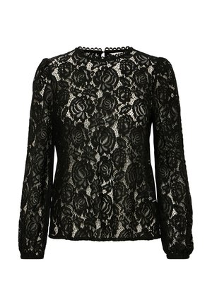 Blusa nera in pizzo con maniche lunghe, scollatura rotonda, motivo floreale e orlo a zigzag, con un piccolo'apertura a forma di chiave sul retro.