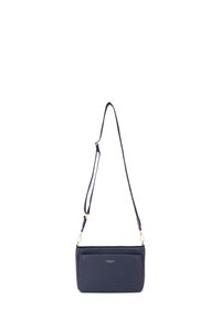 Borsa a tracolla in pelle blu navy con finitura testurizzata, hardware dorato e tracolla regolabile. Dotata di chiusura con zip e tasca frontale.