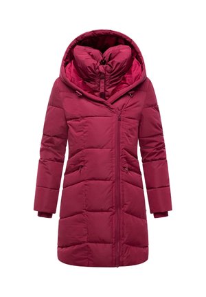 Bordo puffer-jakk, millel on suur kapuuts, eesne tõmblukk ja kaks külge taskut. Sisaldab ka vooderdatud sektsioone ja soonikkoes varrukaid soojuse tagamiseks.