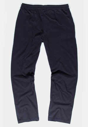 Marineblauwe sweatpants gemaakt van lichtgewicht stof, met een elastische tailleband en een ontspannen pasvorm. Gladde textuur zonder zichtbare patronen.