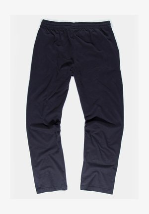 Marineblauwe sweatpants gemaakt van lichtgewicht stof, met een elastische tailleband en een ontspannen pasvorm. Gladde textuur zonder zichtbare patronen.
