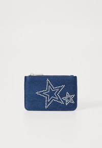 Denim wallet in deep blue featuring silver star embellishments. Includes a zip closure, rectangular shape, and textured fabric.