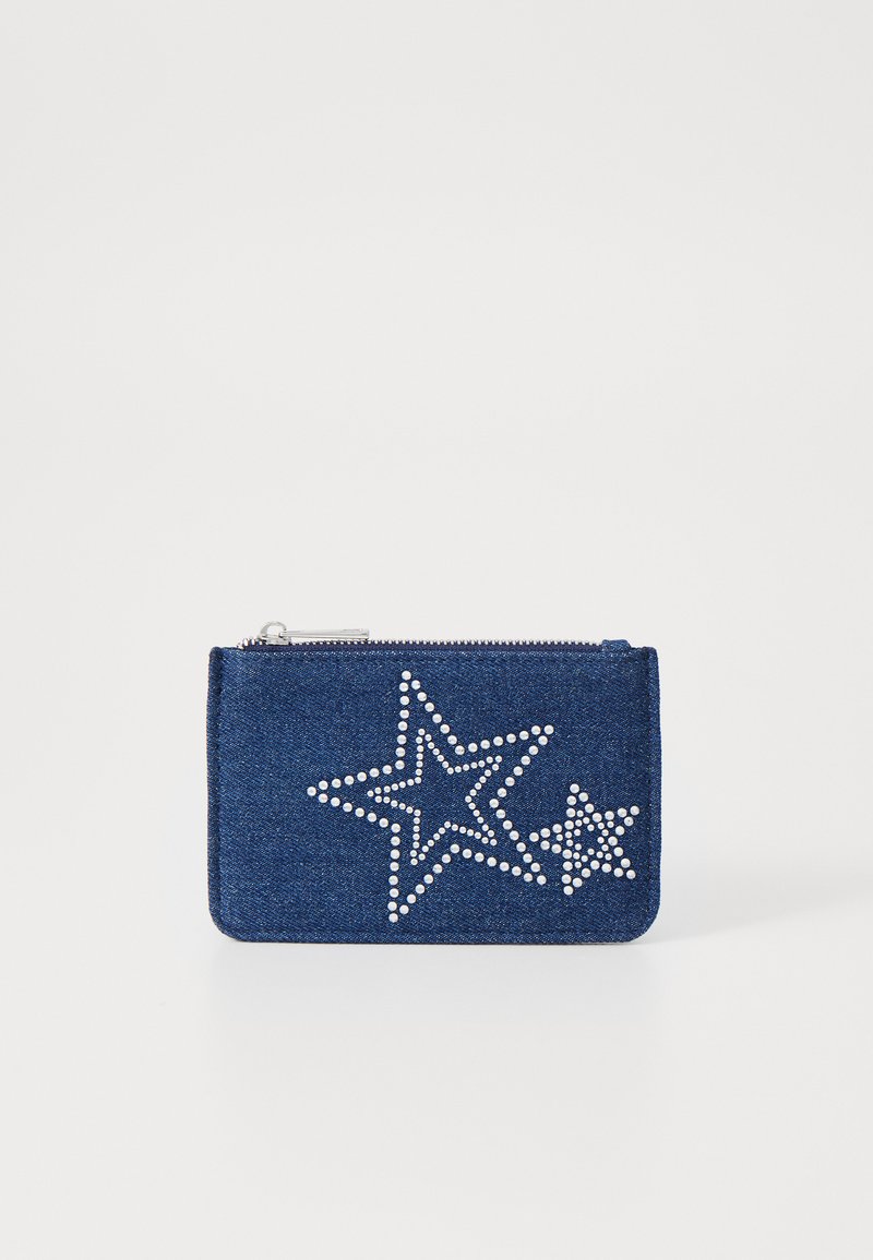 Denim wallet in deep blue featuring silver star embellishments. Includes a zip closure, rectangular shape, and textured fabric.