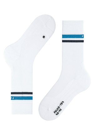 Calcetines blancos acanalados con un diseño de rayas azul y negra, marcados con 'R' y 'F' en el talón y en la puntera, respectivamente. Talla etiquetada 42-43.
