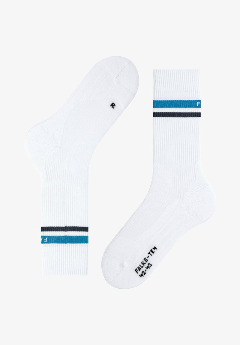 Calcetines blancos acanalados con un diseño de rayas azul y negra, marcados con 'R' y 'F' en el talón y en la puntera, respectivamente. Talla etiquetada 42-43.