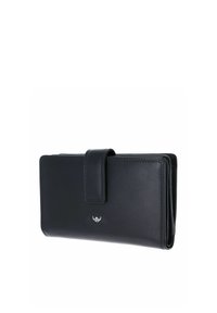 Schwarze Lederbrieftasche mit abgesteppten Kanten, einer vorderen Klappe als Verschluss und einem kleinen silbernen Logo mittig vorne.