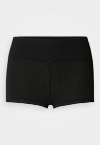 Čierne rebrované šortky so širokým elastickým pásom. Tkanina pôsobí hladko s jemným leskom. Krátka dĺžka, priliehavý strih.