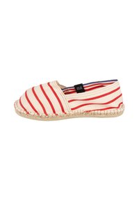 Espadrille en toile rayée beige et rouge avec une semelle en jute tressé. Dotée d'un bout arrondi et d'un design flexible avec une doublure intérieure.