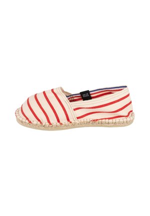 Espadrille en toile rayée beige et rouge avec une semelle en jute tressé. Dotée d'un bout arrondi et d'un design flexible avec une doublure intérieure.