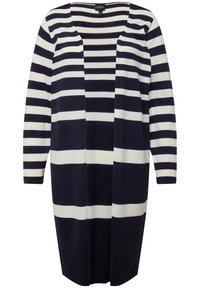 Námořnický modrý a bílý proužkovaný dlouhý kardigan s kulatým výstřihem a tříčtvrtečními rukávy, s volným, splývavým střihem a měkkou texturou.