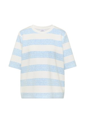 Chemise à manches courtes avec larges rayures horizontales bleu clair et blanche et un col rond.