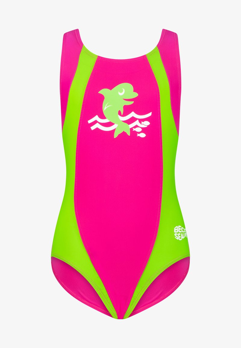 Maillot de bain rose et vert avec un motif de dauphin, présentant un design ajusté, une texture douce et des panneaux latéraux contrastants.