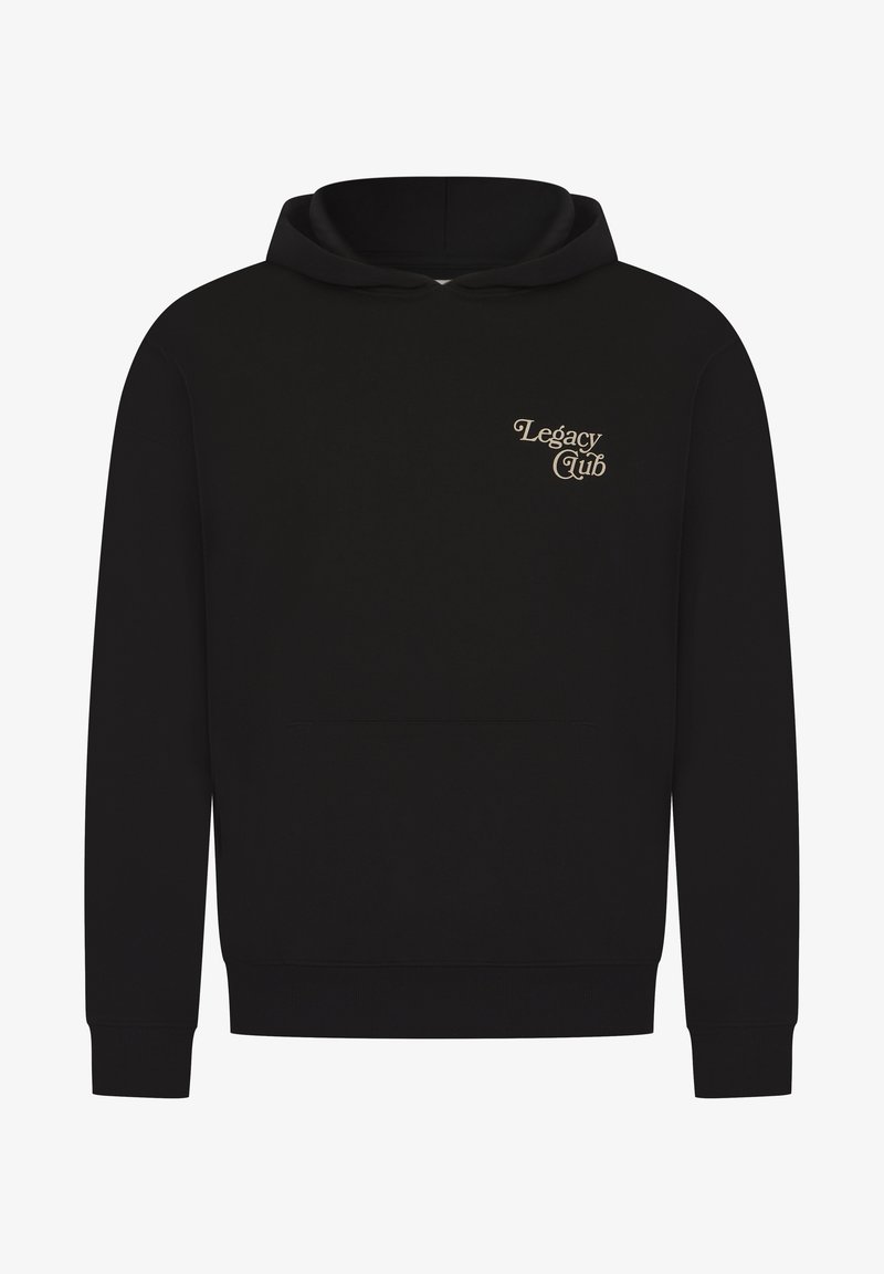Black hoodie with front pocket and beige "Legacy Club" text printed on the upper left chest.