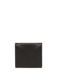 Portafoglio in pelle nera con texture liscia, forma rettangolare e cuciture visibili lungo il perimetro. Design semplice e minimalista.