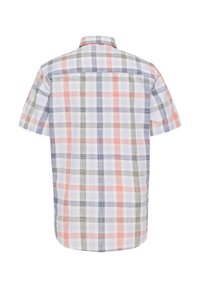 Kurzärmliges kariertes Hemd in den Farben Weiß, Blau, Grau und Koralle, mit Rückenpasse und geknöpftem Kragen für ein klassisches Design.