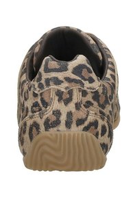 Leopard print sneaker with a textured tan and black upper, rounded shape, padded collar, and a flexible rubber sole.