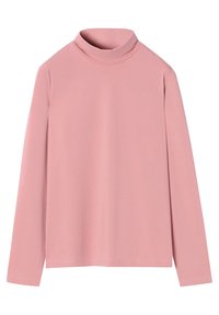 Růžový dlouhý rukáv rolák vyrobený z měkké, elastické tkaniny. Obsahuje přiléhavý střih a hladkou texturu bez vzorů nebo dekorací.