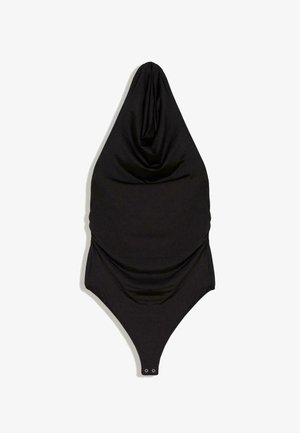 Black sleeveless bodysuit with high draped neckline and snap closures at the crotch, shown flat on a white background.