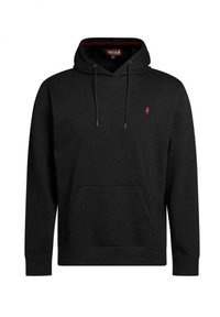 Sudadera negra hecha de una mezcla de algodón, con un bolsillo canguro, capucha con cordón y un pequeño logo rojo en el pecho. Textura suave.