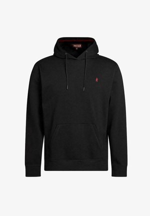 Black hoodie made of cotton blend, featuring a kangaroo pocket, drawstring hood, and a small red logo on the chest. Smooth texture.