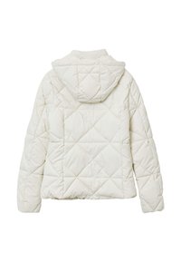 Giacca puffer bianca trapuntata con cappuccio, caratterizzata da una superficie testurizzata e motivi a diamante sul tessuto, mostrata di spalle.