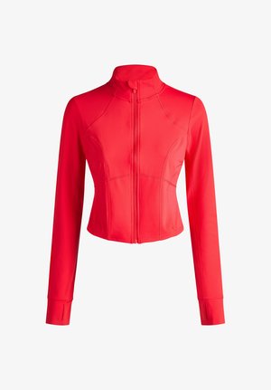 Rote enganliegende Damenjacke mit langen Ärmeln, hohem Kragen, vorderem Reißverschluss und Daumenlöchern an den Bündchen vor weißem Hintergrund.