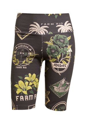 Shorts de vélo noirs avec un motif floral et graphique vibrant en vert, jaune et blanc, munis d'une large ceinture affichant "FARM RIO" et "ADIDAS".