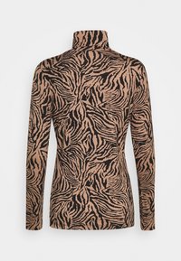 Langermige top met een hoge kraag, voorzien van een zwart-bruine zebraprint op een zachte stof, met een gladde textuur en een getailleerd ontwerp.