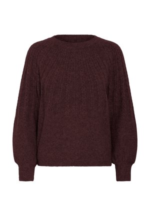 Pull en maille bordeaux avec une texture côtelée, un col rond et des manches bouffantes. Présente des détails en panneaux verticaux sur le devant.