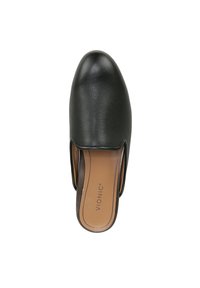 Black leather slide shoe with a smooth texture, rounded toe, open back, and a brown insole featuring the "Vionic" logo.