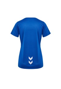 Niebieska koszulka sportowa z krótkim rękawem; wykonana z gładkiego materiału, z białym wzorem w zygzak na dolnej części pleców.