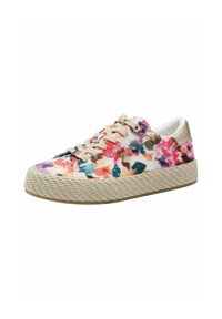 Blumen-Canvas-Sneaker mit beigem geflochtenem Schuhsohle, cremfarbenen Akzenten und flachen Schnürsenkeln. Verfügt über mehrfarbige Blumenmuster auf dem Obermaterial.