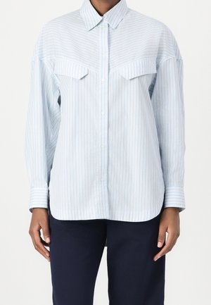 Osoba ubrana w koszulę na guziki w pionowe, jasnoniebieskie i białe paski z kieszeniami na patki, w połączeniu z ciemnogranatowymi spodniami.