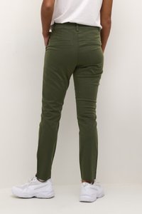 Olive green, slim-fit pants with a smooth texture, mid-rise waist, and two back pockets; paired with white athletic shoes.