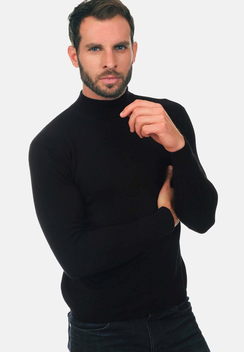 Schwarzer, langärmliger Rollkragenpullover aus glattem Material. Slim-Fit-Design, gerippte Ärmelabschlüsse und ein hoher Halsausschnitt.