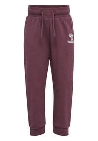 Bordeaux joggings met een elastische tailleband en trekkoord. Voorzien van een wit logo op de heup en taps toelopende boorden bij de enkels.