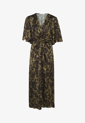 Maxi haljina u maslinasto zelenoj boji s tamnosmešastim leopard uzorkom, s dubokim V-izrezom, lepršavim rukavima i nabranošću na struku.