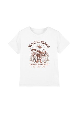 White T-shirt with sepia-tone print of Toy Story characters Jessie, Woody, and Buzz standing with cacti, text says "Blazing Trails" and "The Best in the West."