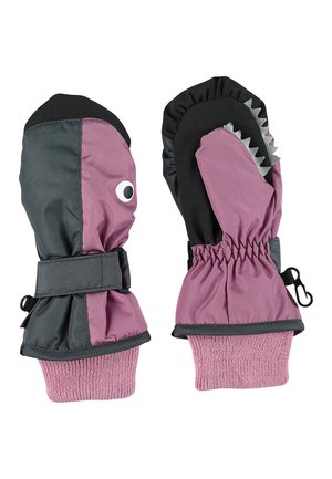 Rosafarbene und schwarze Handschuhe mit einem Haifischdesign, das ein Auge, gezackte Akzente, elastische Bündchen und einen Schnallenverschluss für einen sicheren Sitz aufweist.