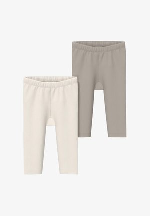 Deux paires de leggings pour bébé côtelés en beige et taupe clair avec des tailles élastiques, présentées sur un fond blanc.