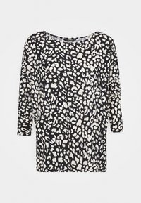 Svart- och vitt leopardsmönstrat topp, med bred halsringning och trekvartslånga ärmar, tillverkat av mjuk, strukturerad tyg.