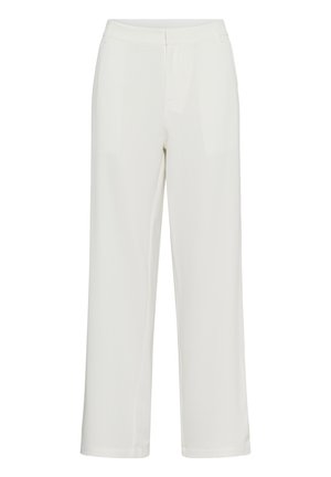 Witte, wijde broekspijpen gemaakt van glad, lichtgewicht materiaal met een vlakke voorkant, zijzakken en een strakke, op maat gemaakte uitstraling.