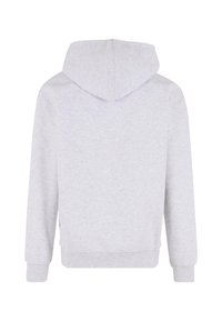 Grauer Kapuzenpullover, weicher Stoff, lange Ärmel, gerippte Bündchen und Saum, mit einer Kängurutasche und einem glatten, schlichten Rücken.