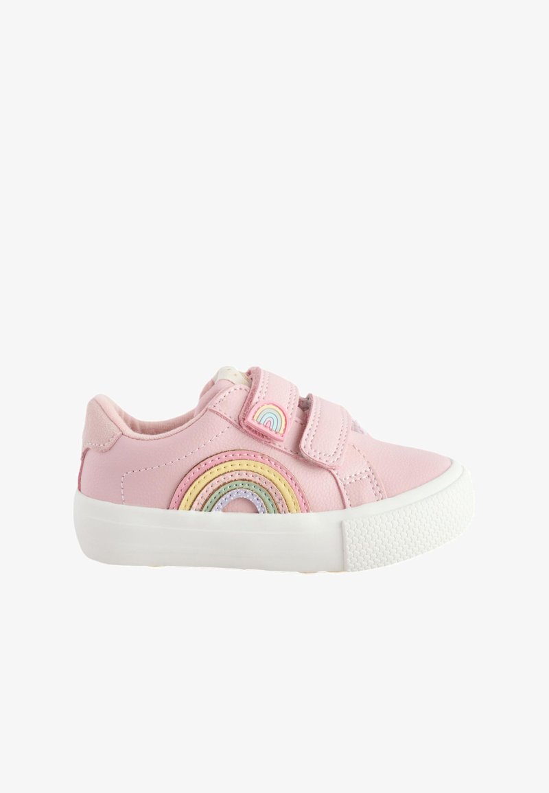 Pink leather sneaker with two Velcro straps, featuring a rainbow design in pastel colors on the side and a white rubber sole.
