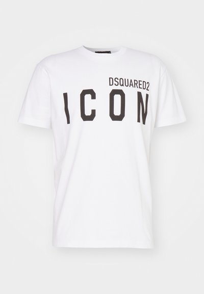 White cotton t-shirt featuring a black "ICON" print and "DSQUARED2" text. Short sleeves, crew neck, regular fit, minimalistic design.