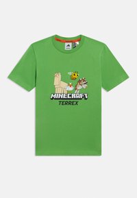 Πράσινο βαμβακερό T-shirt με γραφικό από το Minecraft που απεικονίζει χαρακτήρες ζώων και τη λέξη «TERREX» με έντονη μαύρη γραμματοσειρά. Κοντά μανίκια και στρογγυλή λαιμόκοψη.