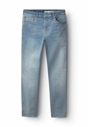 Helle blaue Jeans aus Denim mit geradem Schnitt, fünf Taschen, Knopfverschluss und dezenten Verwaschungen an den Beinen. Glatte, weiche Textur.