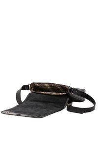 Borsa a tracolla in pelle nera con un esterno liscio, pattina non fissata e rivestimento interno a quadri. Dotata di una tracolla regolabile e appendici in metallo.