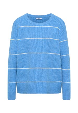 Suéter azul a rayas hecho de tela de punto texturizada. Presenta rayas horizontales blancas y un escote redondo. Mangas largas que se extienden hasta la muñeca.